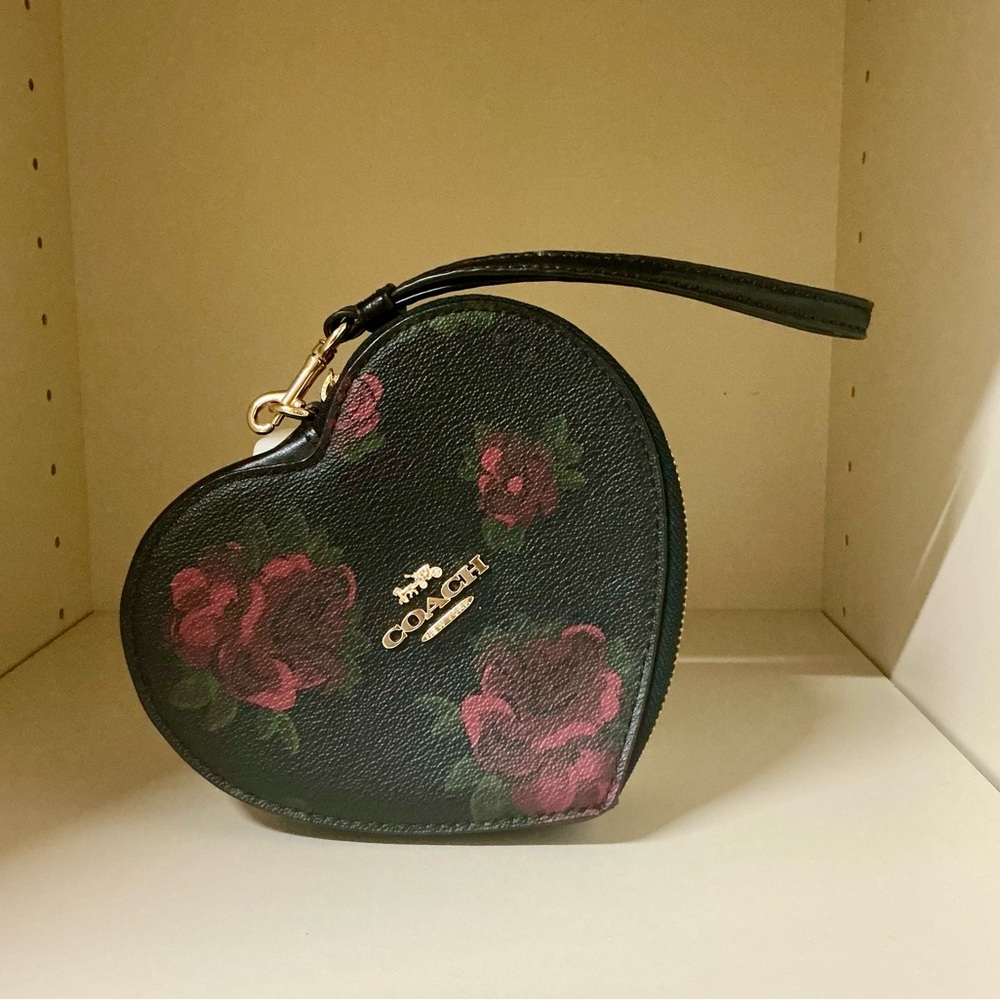 Coach Black Heart Wristlet with Red Rose Design